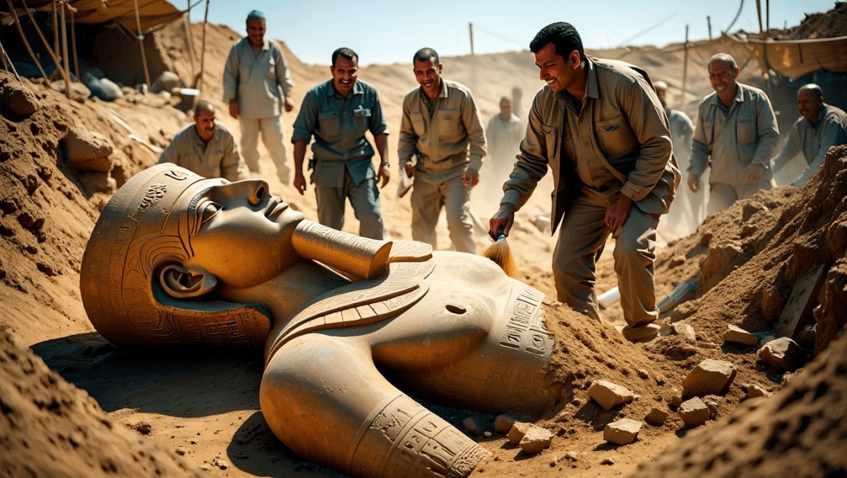 Großer, stark verwitterter Torso einer steinernen Statue mit zwei anliegenden Figuren, die nebeneinander stehen. Die Oberflächen sind uneben und zeigen deutliche Erosionsspuren. Die Köpfe und Körperformen sind nur noch schemenhaft erkennbar. Der Fund liegt auf sandigem Boden, seitlich ist ein Maßstab mit schwarz-weißen Feldern zu sehen.