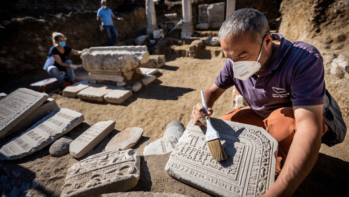 Steinfragmente mit eingeritzten venetischen Inschriften liegen auf einem archäologischen Ausgrabungsgelände