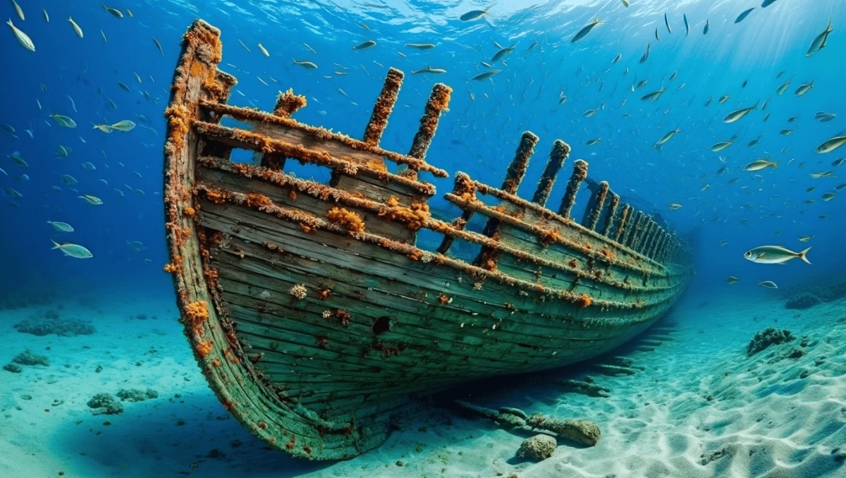 Im Vordergrund sind unter Wasser die Überreste eines antiken Holzschiffswracks zu sehen, umgeben von zahlreichen Sandsäcken, die vermutlich zur Stabilisierung dienen. Zwei Taucher bewegen sich zwischen den Wrackteilen. Die Wasseroberfläche teilt das Bild horizontal, darüber liegt ein Boot mit mehreren Personen an Bord. Im Hintergrund sind weitere Boote auf dem Wasser zu erkennen. Die Szene ist bei Tageslicht aufgenommen.