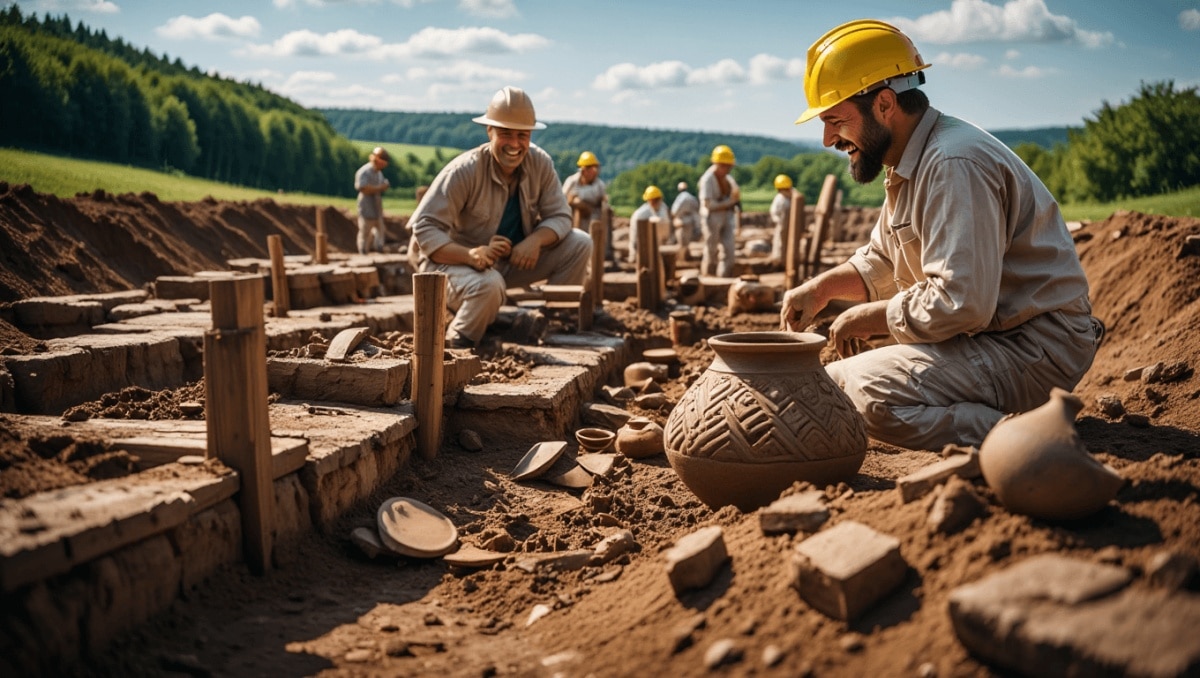Luftaufnahme einer archäologischen Ausgrabungsstätte mit mehreren Personen auf einem rechteckigen Erdareal