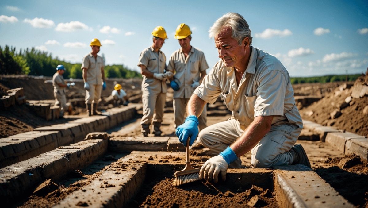 Auf einer weißen Fläche liegen zahlreiche archäologische Fundstücke, darunter zerbrochene Keramik- und Porzellanscherben, Glasfragmente, kleine Metallobjekte und mehrere beschriftete Fundzettel. Einige Funde sind in durchsichtigen Kunststoffbeuteln verpackt. Die Objekte sind in Gruppen sortiert und nehmen die gesamte Bildfläche ein.