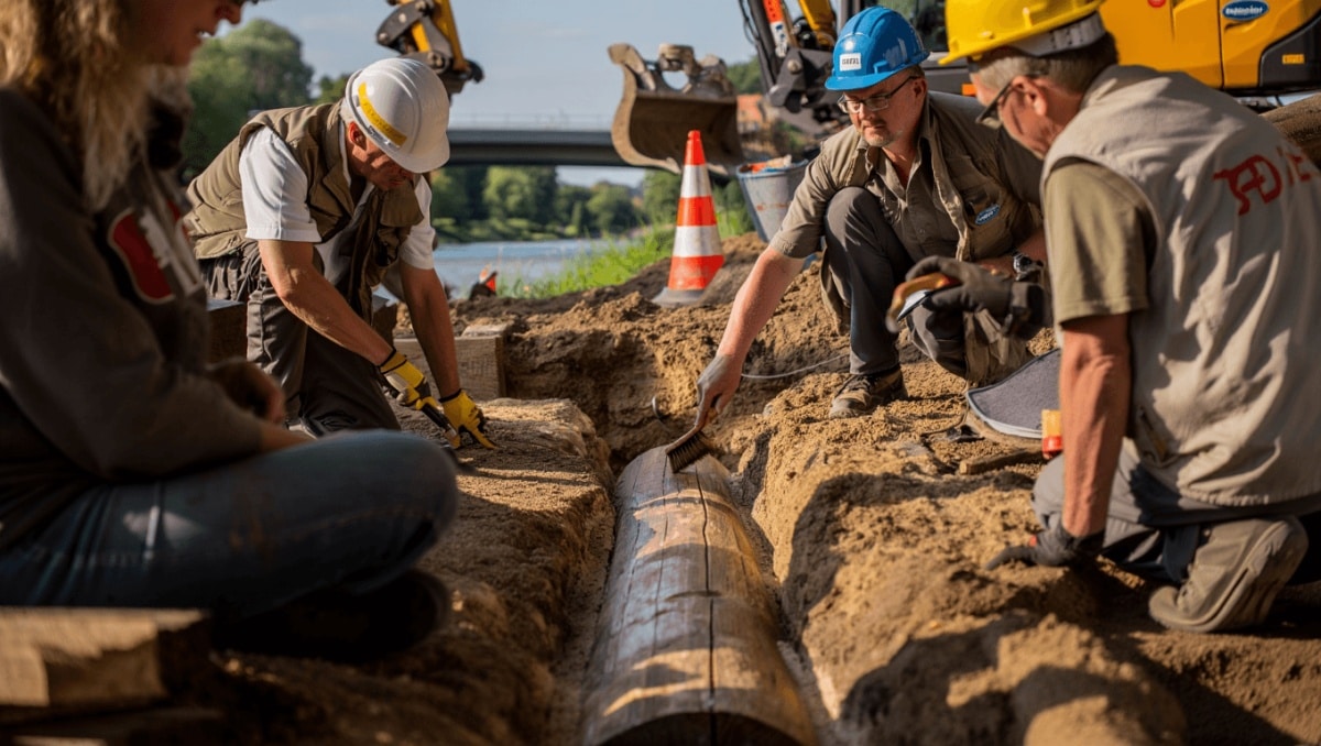 Freigelegtes eisenzeitliches Bauwerk mit steinernen Fundamenten und Holzbalken in einer Ausgrabungsstätte am Ufer