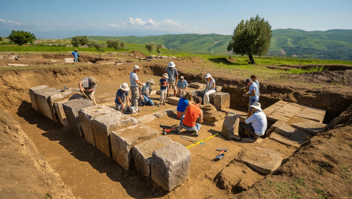 Luftaufnahme einer archäologischen Ausgrabungsstätte auf einer Lichtung, umgeben von dicht bewaldeten Hügeln. Im Zentrum sind mehrere Personen mit Werkzeugen bei Grabungsarbeiten auf freigelegten Mauerresten und Steinfundamenten zu sehen. Die rechte Bildhälfte zeigt einen Teil der Ausgrabungsfläche mit erkennbaren rechteckigen Strukturen im Boden. Im Hintergrund sind vereinzelte Gebäude und Felder am Rand des Waldes sichtbar.