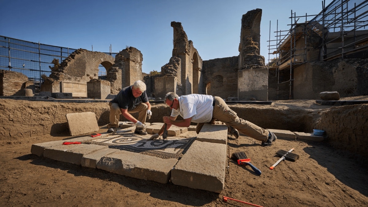 Archäologische Ausgrabungsstätte mit römischen Mauern und mehreren Arbeitern in orangenen Warnwesten