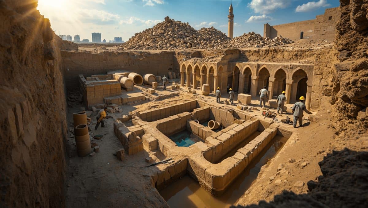 Archäologische Ausgrabungsstätte mit freigelegten rechteckigen Steinmauern und einem zentralen Brunneim Sandboden