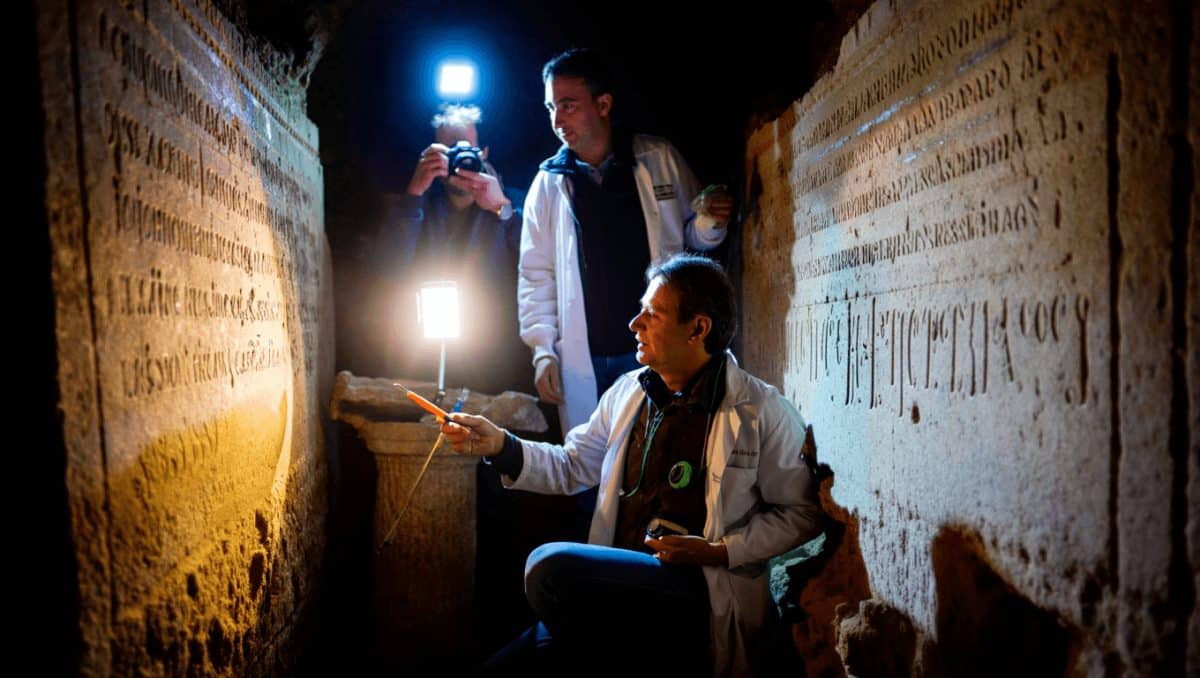 Zwei Personen stehen in einer Höhle vor einer Felswand, die mit zahlreichen eingeritzten Inschriften und Linien bedeckt ist. Eine Person hält ein Tablet oder ähnliches Gerät, das auf die Wand gerichtet ist, während die andere eine Lichtquelle auf die Inschriften richtet. Die Szene ist in schwarz-weiß gehalten, wodurch die Strukturen der Wand und die Umrisse der Personen deutlich hervortreten.