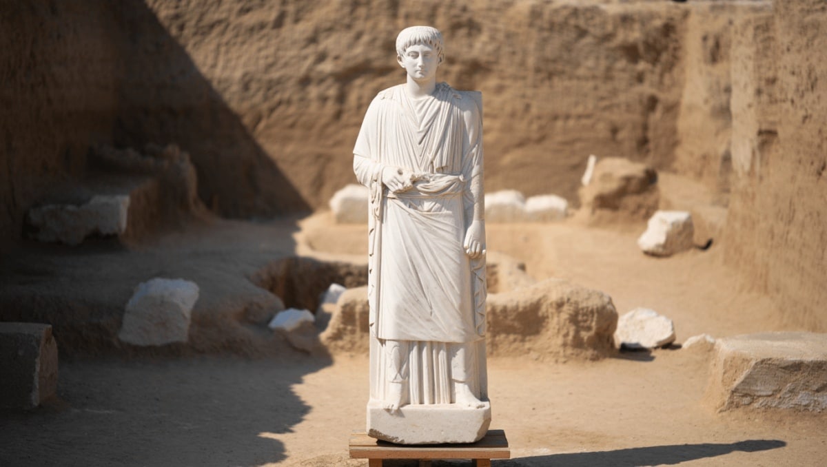Im Mittelpunkt liegt eine große, nahezu unversehrte Marmorstatue, die auf dem Rücken auf einer Holzpalette ruht. Die Statue zeigt eine menschliche Figur mit gefalteten Armen und detailliert ausgearbeiteten Gewandfalten. Um die Statue herum sitzen und hocken vier Personen, die sie aus nächster Nähe betrachten. Im Hintergrund sind Werkbänke, Werkzeuge und eine offene Tür zu sehen. Die Szene spielt im Freien oder in einem halb überdachten Bereich mit Tageslicht.