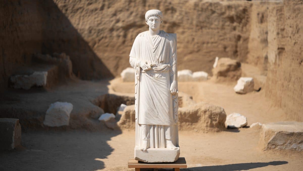 Im Mittelpunkt liegt eine große, nahezu unversehrte Marmorstatue, die auf dem Rücken auf einer Holzpalette ruht. Die Statue zeigt eine menschliche Figur mit gefalteten Armen und detailliert ausgearbeiteten Gewandfalten. Um die Statue herum sitzen und hocken vier Personen, die sie aus nächster Nähe betrachten. Im Hintergrund sind Werkbänke, Werkzeuge und eine offene Tür zu sehen. Die Szene spielt im Freien oder in einem halb überdachten Bereich mit Tageslicht.