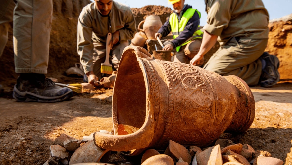 Luftaufnahme einer archäologischen Ausgrabungsstätte mit mehreren kreisförmigen Verfärbungen im Boden. In der Bildmitte liegen verstreut verschiedene Gefäße, Werkzeuge und helle Planen. Der Boden ist trocken und weist Risse auf. Die Szene wirkt strukturiert und zeigt keine Vegetation.